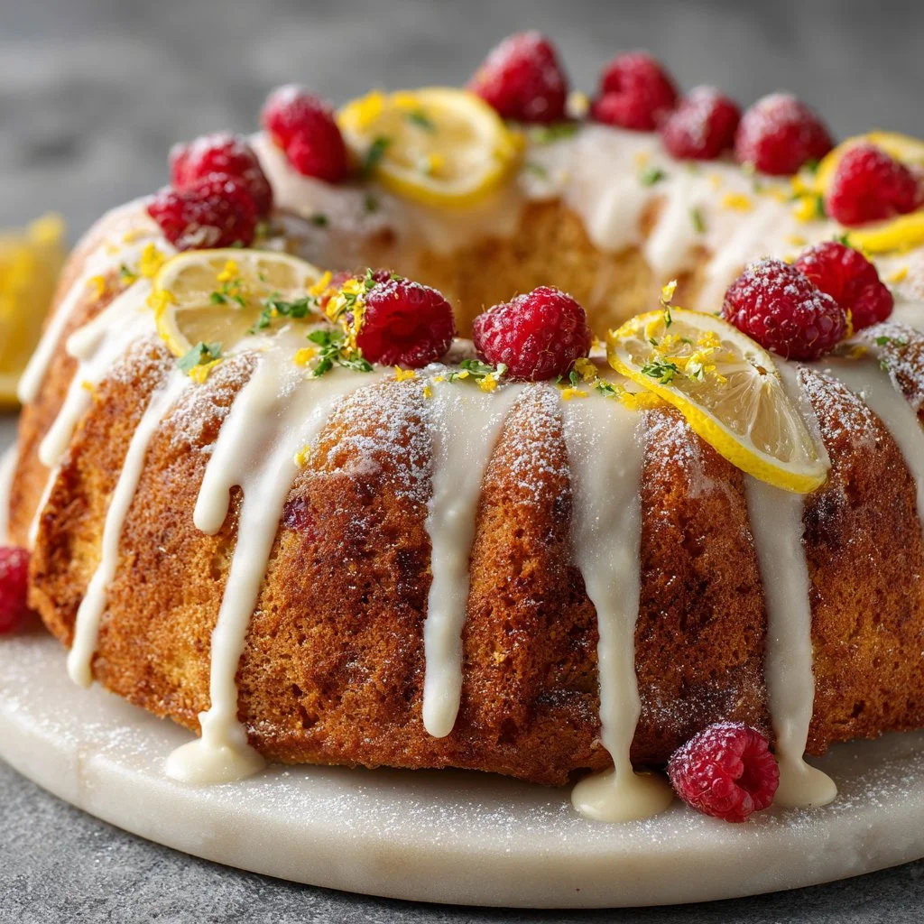 Slice of Lemon Raspberry Cake with fresh raspberries and lemon zest decoration