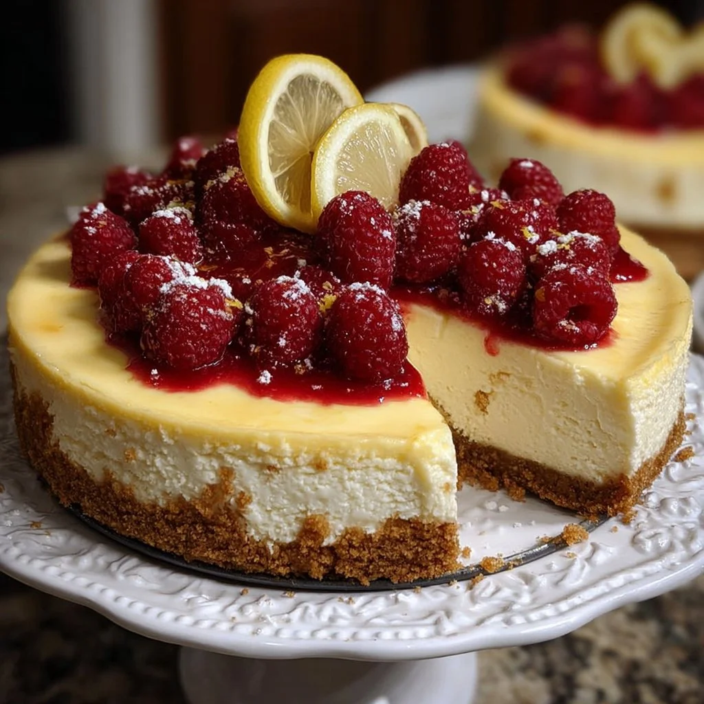 Slice of refreshing Lemon Raspberry Cheesecake on a plate with raspberries