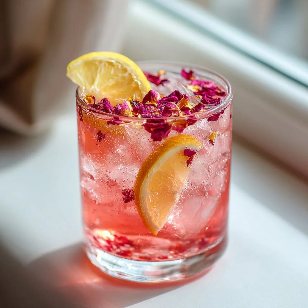 Refreshing Lemon Rose Mocktail with lemon slices and rose petals
