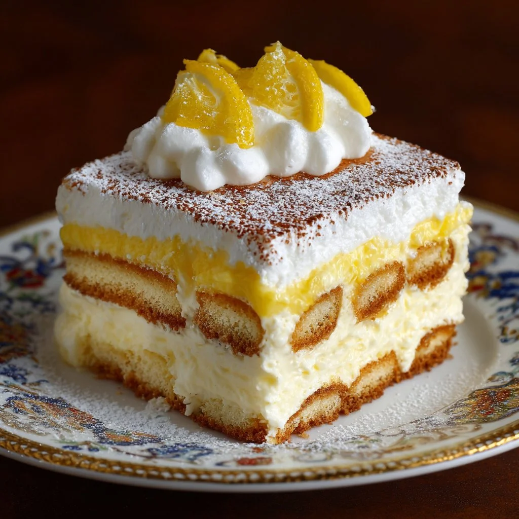 Delicious lemon tiramisu dessert served on a plate with lemon slices