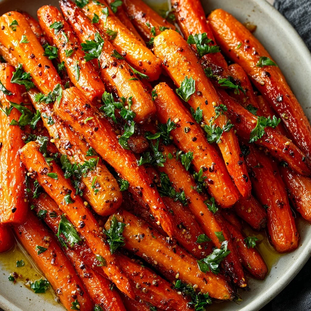 Maple Dijon roasted carrots garnished and served on a plate