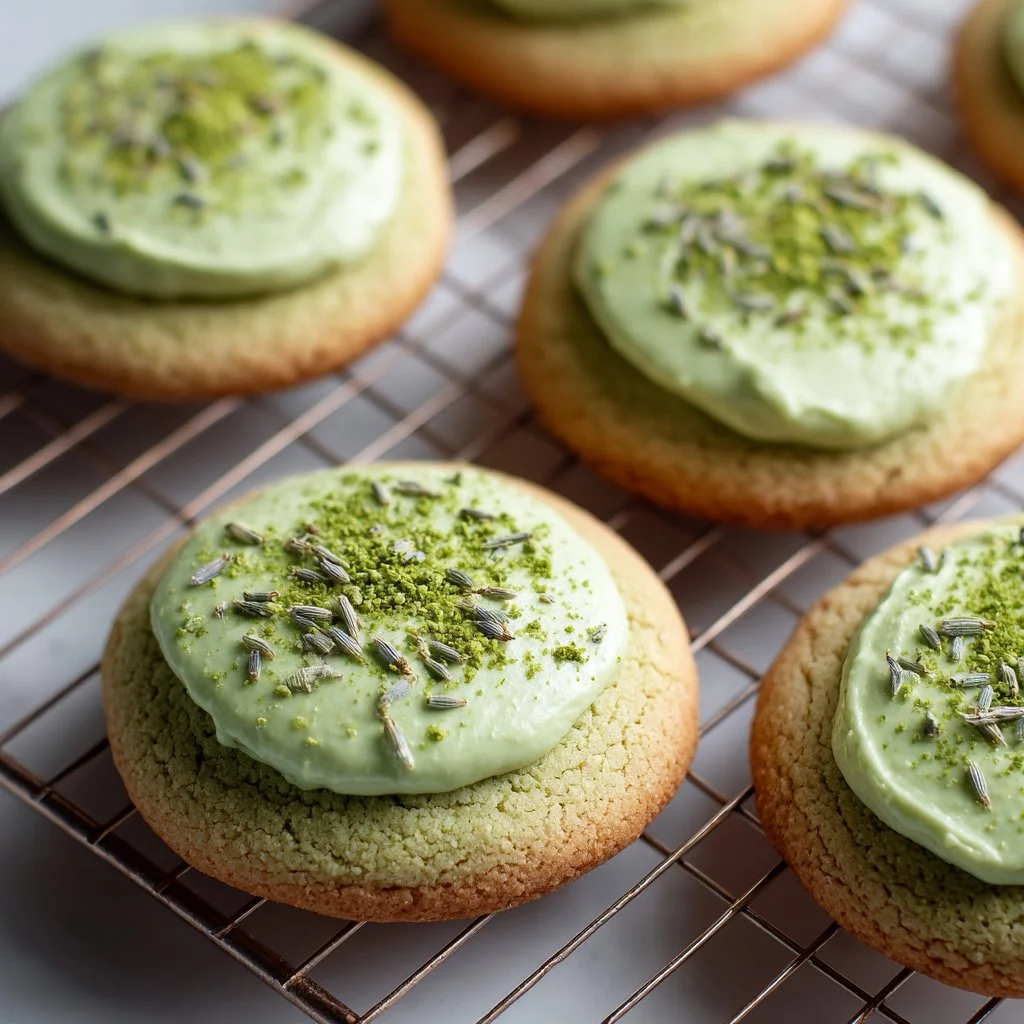 Delicious matcha sugar cookies decorated with lavender frosting
