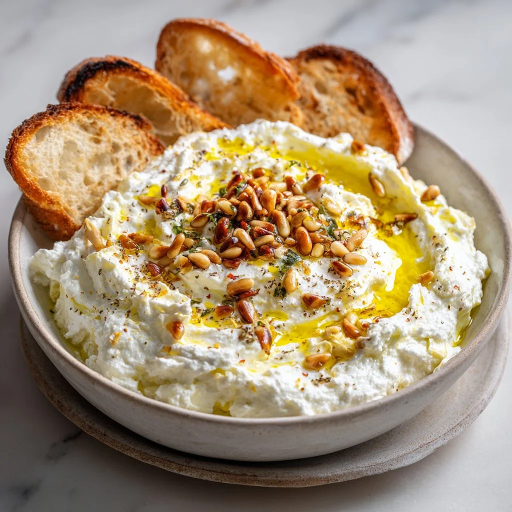 Mediterranean whipped ricotta dip served in a bowl with herbs and olive oil