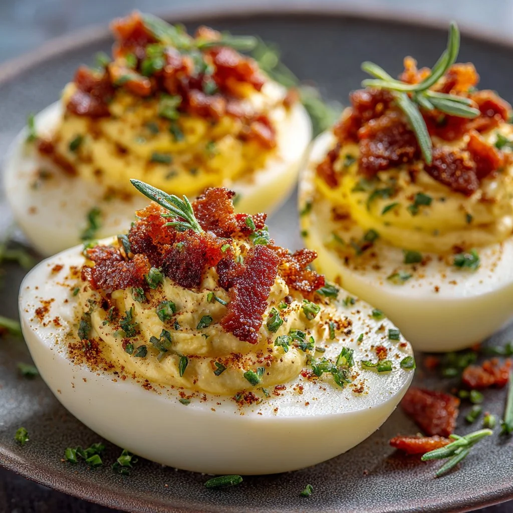 Plate of Million Dollar Deviled Eggs garnished with herbs