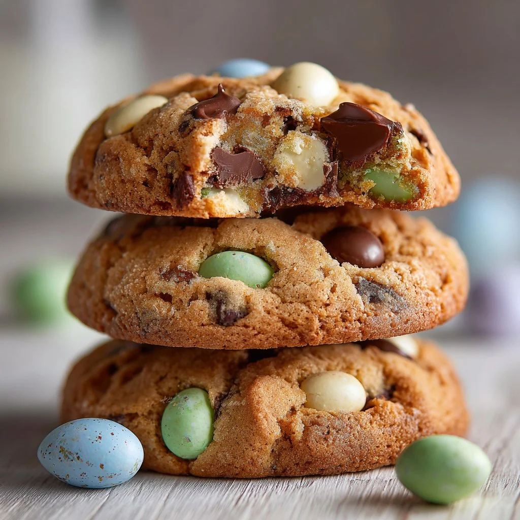 Delicious homemade Mini Egg Cookies topped with colorful chocolate eggs.