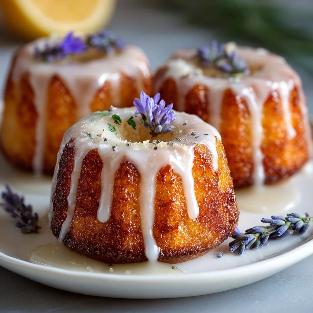 Mini lemon cakes topped with lavender glaze on a white plate