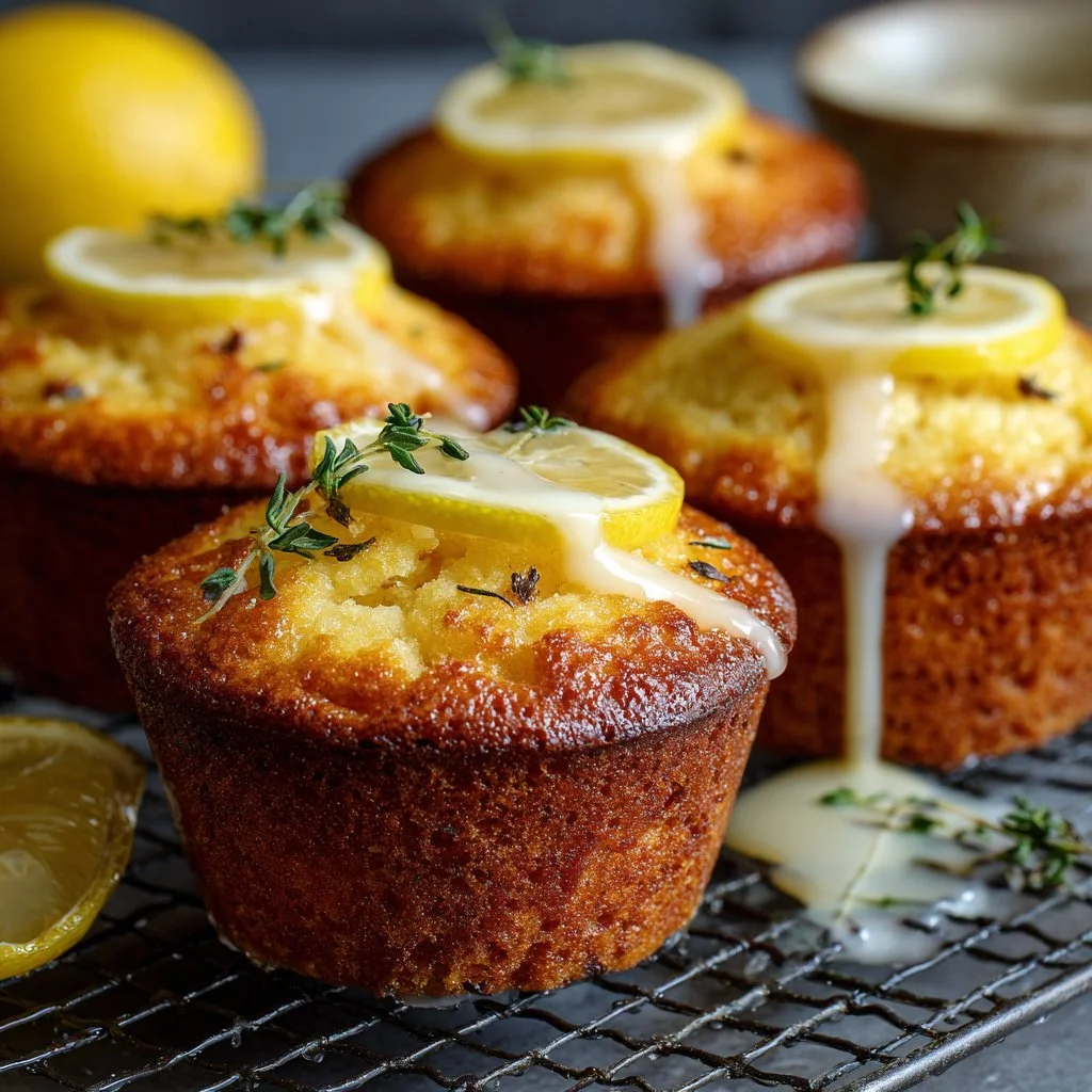 Mini lemon drizzle cakes on a decorative platter.