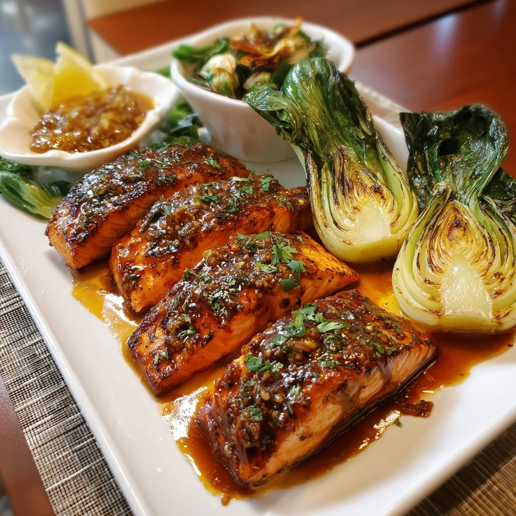 Miso-butter glazed salmon with baby bok choy on a plate garnished with herbs