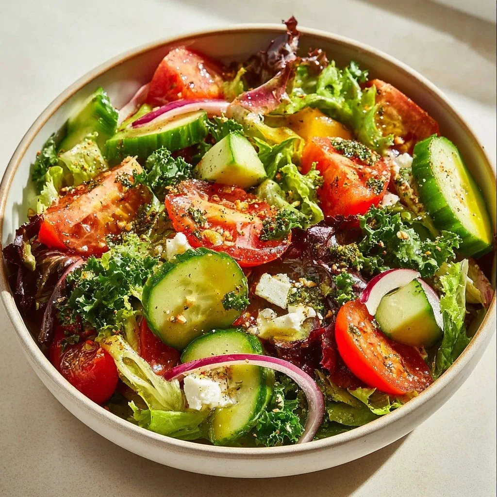 A colorful mix salad with fresh greens, tomatoes, and cucumbers in a bowl.