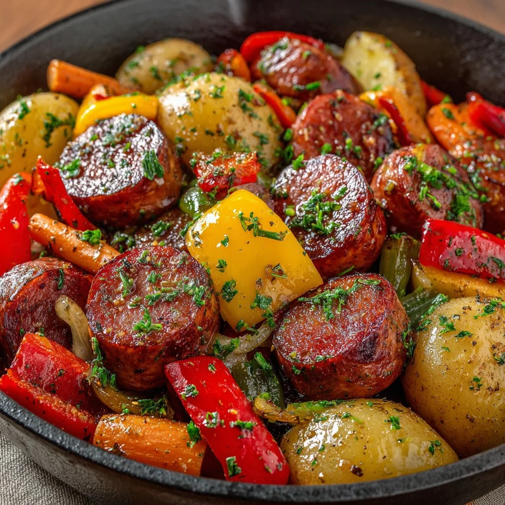 One-pan honey garlic kielbasa with colorful veggies recipe