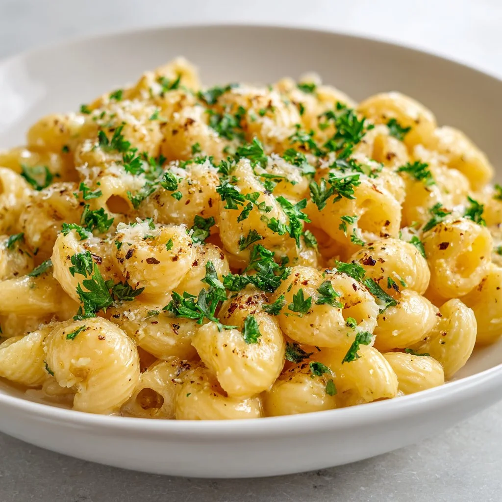 A bowl of creamy garlic pasta with herbs and cheese garnished on top.
