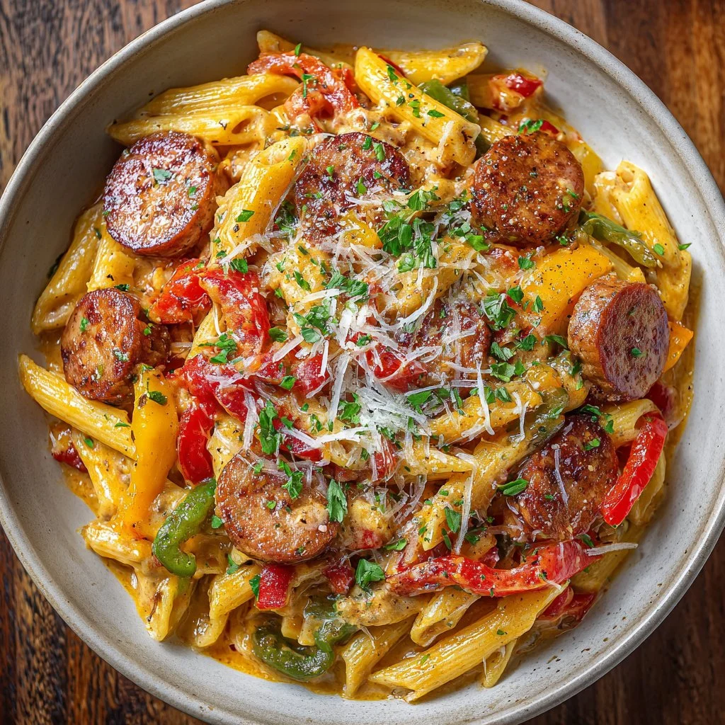 One-pot creamy Cajun sausage pasta dish topped with herbs and spices