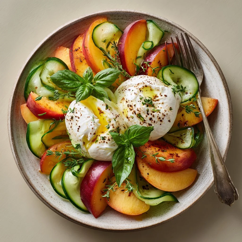 Delicious Peach Caprese Salad with Burrata and fresh basil