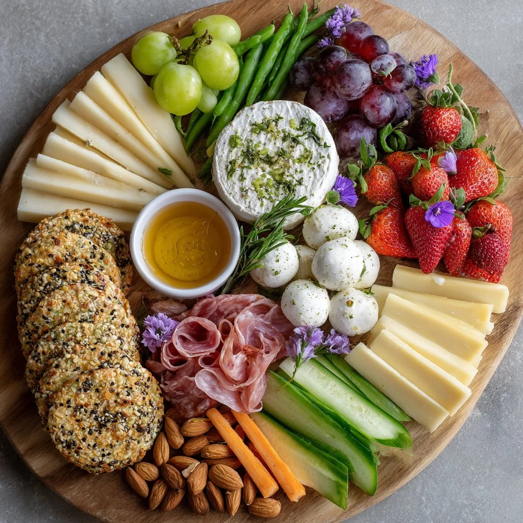 A beautifully arranged pastel spring garden charcuterie board with fresh fruits and cheeses