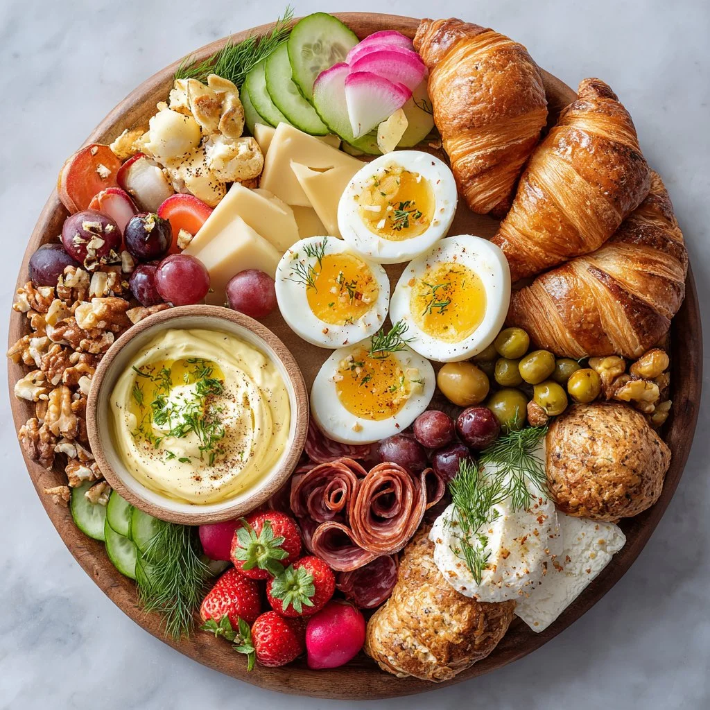 Spring brunch charcuterie board with deviled eggs and pastries for entertaining
