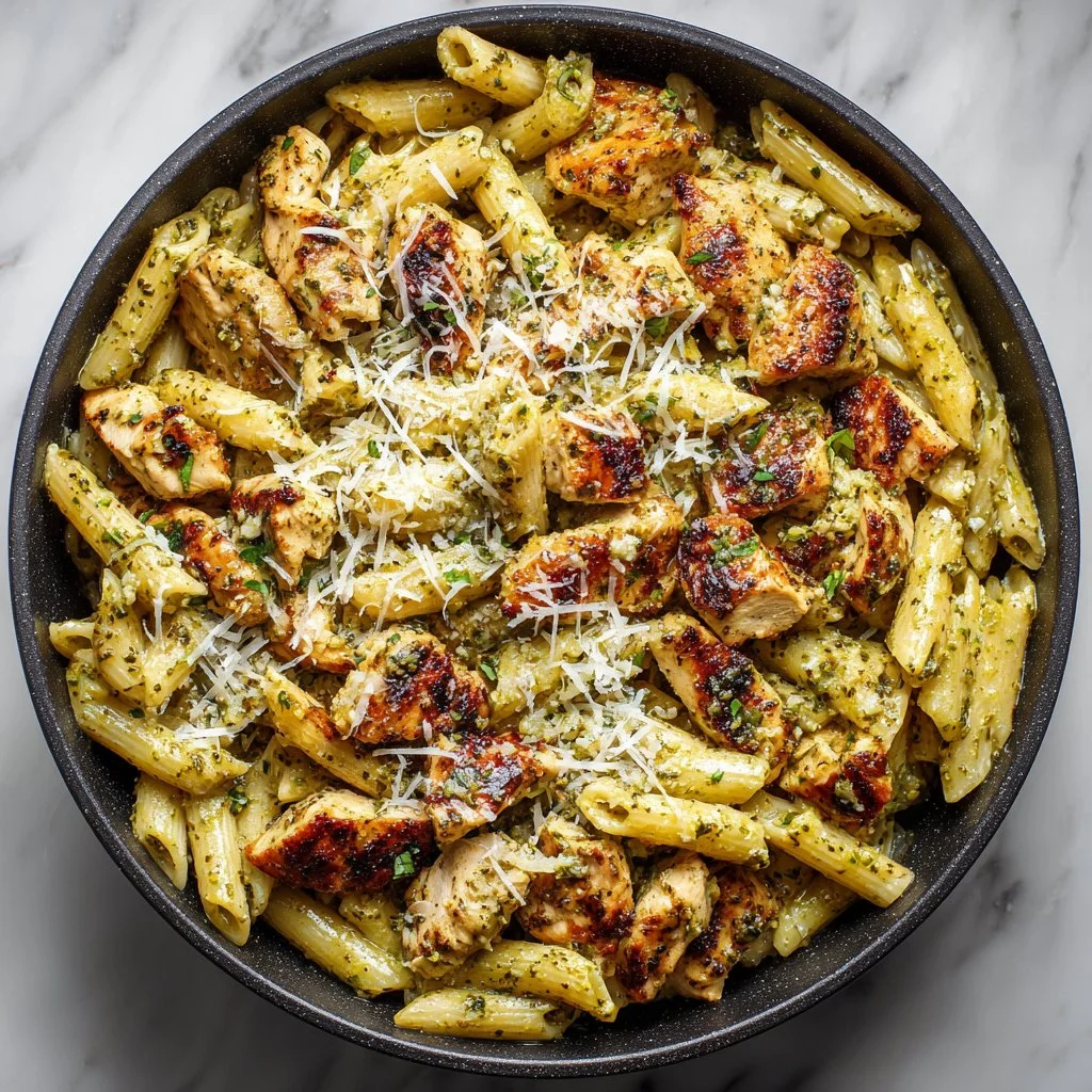Delicious pesto pasta with chicken served in a colorful bowl