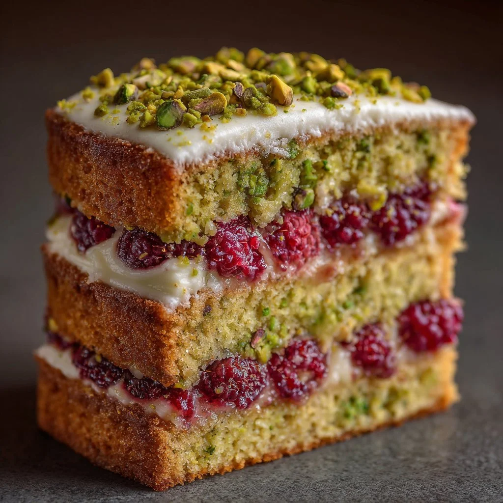 Delicious Pistachio Layer Cake topped with Raspberry Jam