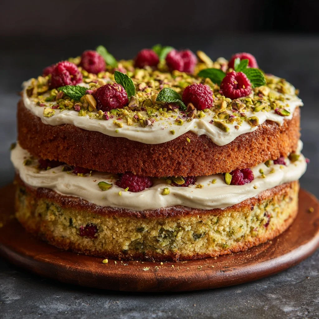Deliciously moist Pistachio Raspberry Cake with layers of nutty and fruity flavors.