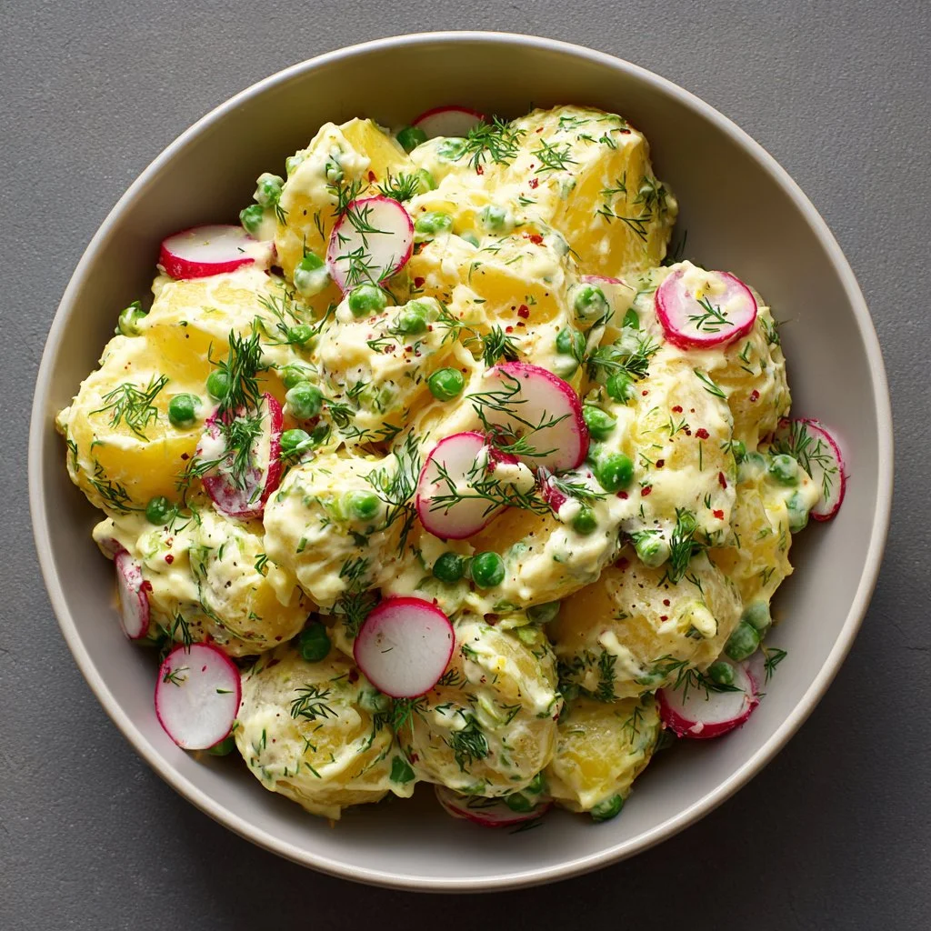 Creamy Potato Salad with Radishes, featuring fresh veggies in a bowl.