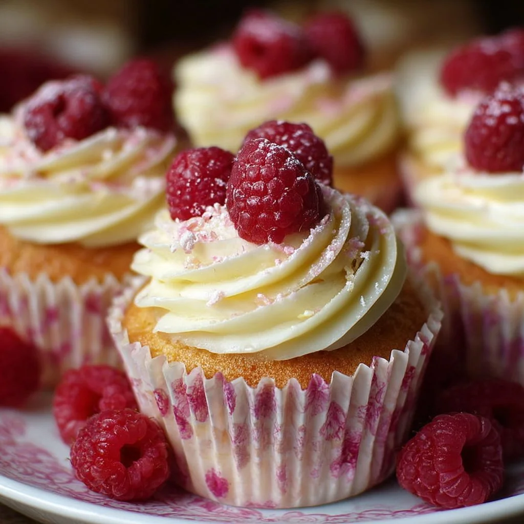 Raspberry Lemon Cupcakes topped with fresh raspberries and lemon frosting