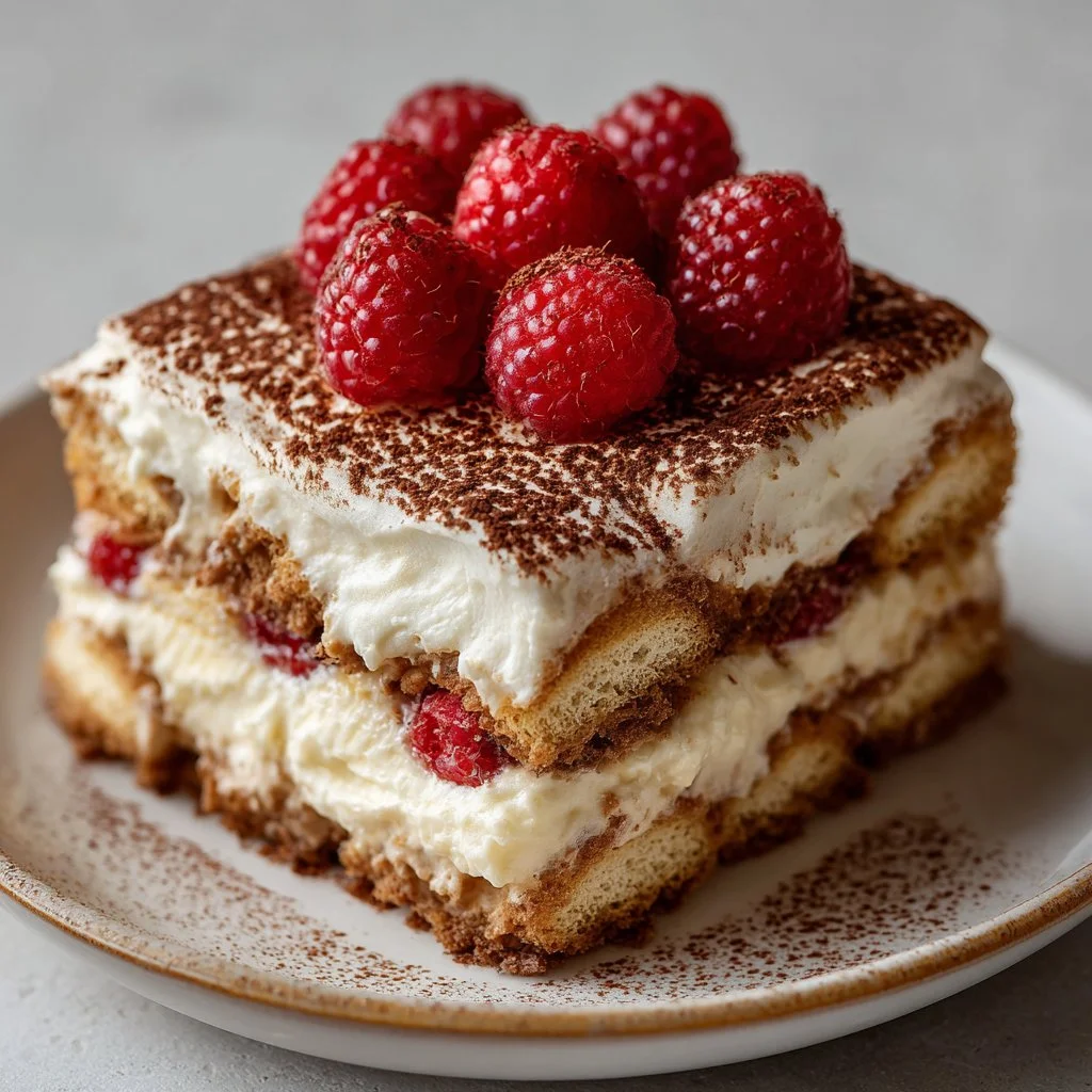 Delicious raspberry tiramisu dessert with berry layers and mascarpone cream