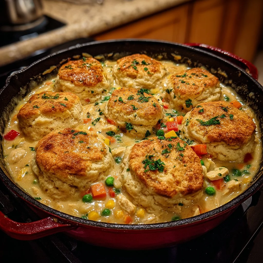 Red Lobster Biscuit Chicken Pot Pie served with flaky biscuits and hearty filling