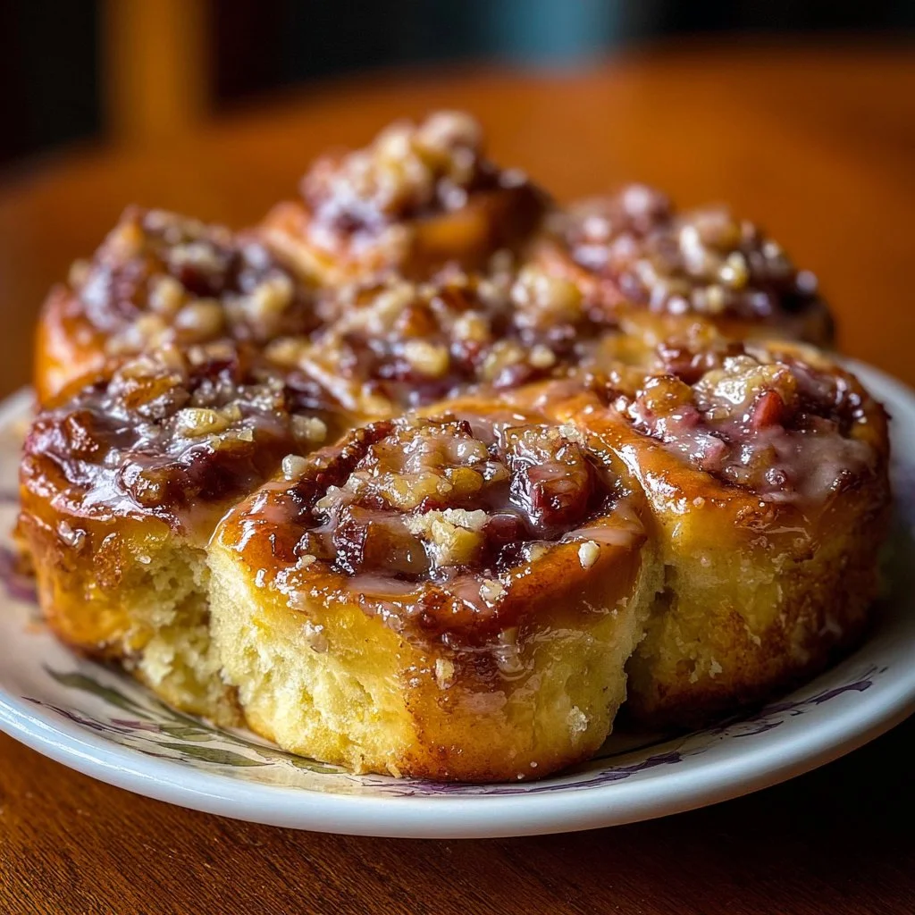Freshly baked rhubarb sticky buns with a gooey topping.