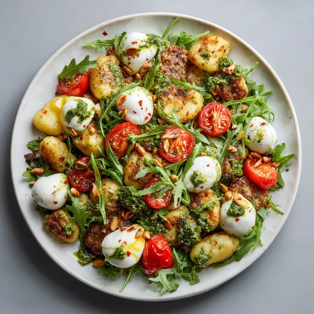 Roasted Gnocchi Salad with Basil Pesto, Cherry Tomatoes, Mozzarella, and Arugula