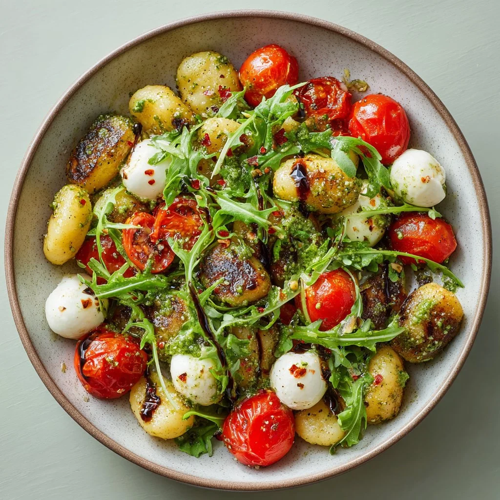 Roasted Gnocchi Salad with Basil Pesto, Tomatoes, Mozzarella, and Arugula
