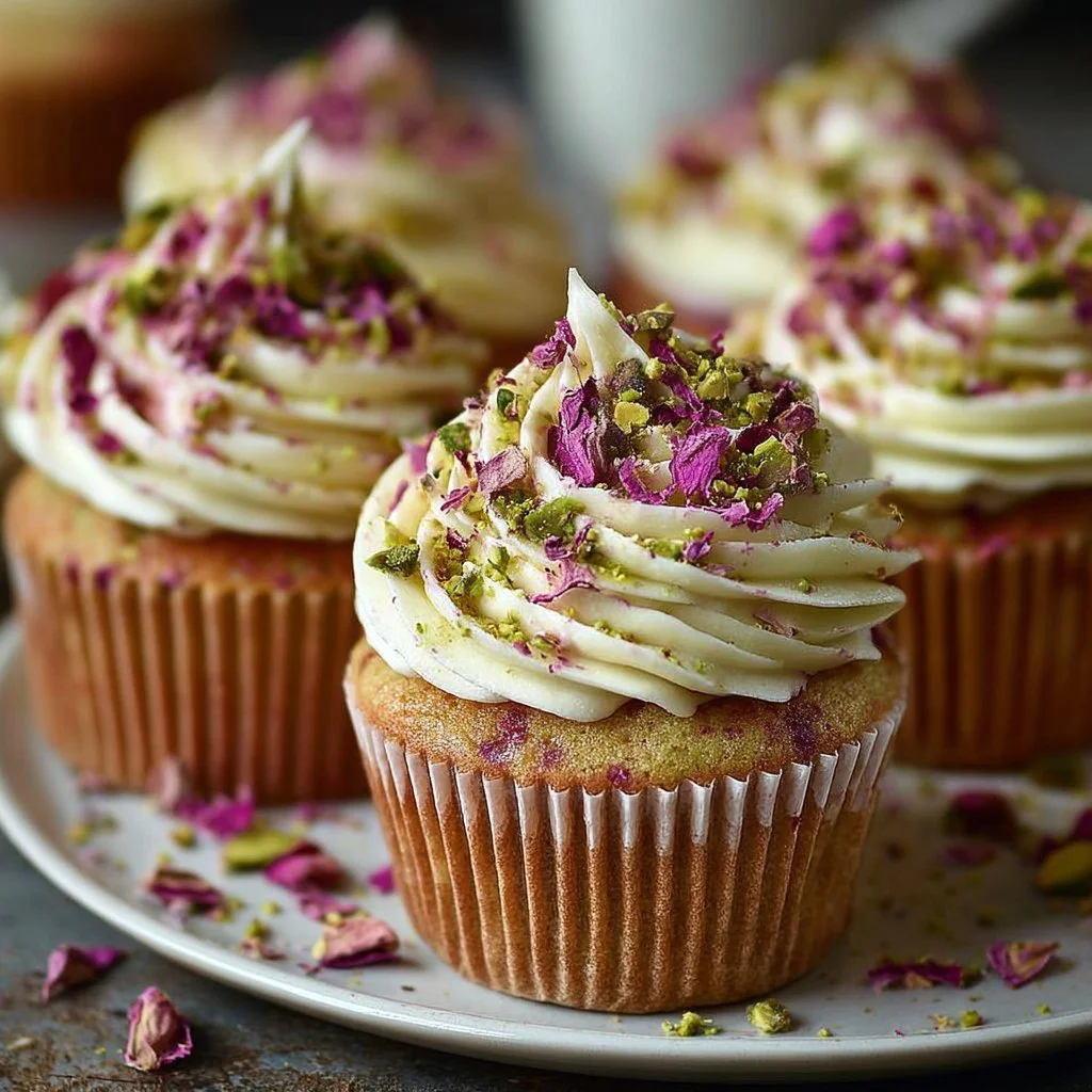 Delicious Rose and Pistachio Cupcakes topped with rose petal frosting and pistachios