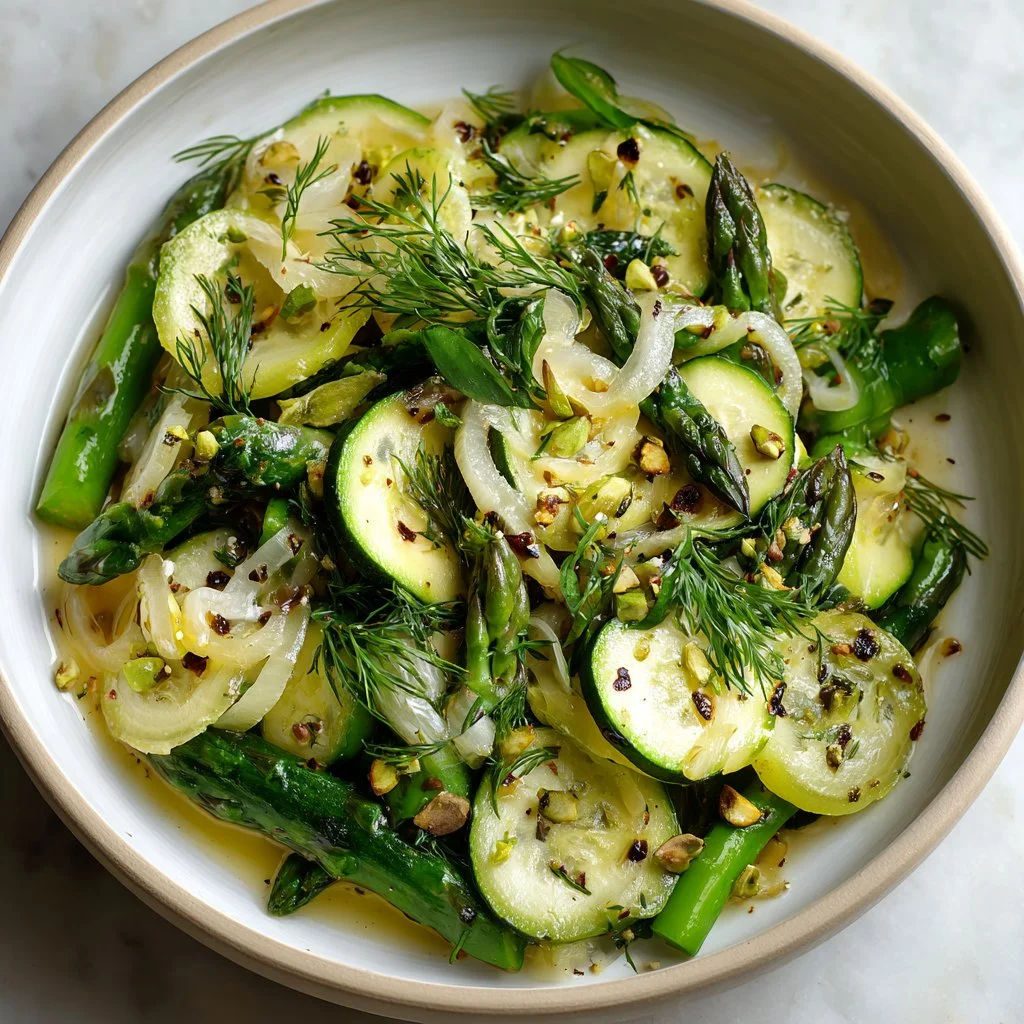 Sautéed spring vegetable salad with vibrant seasonal greens and colorful veggies.