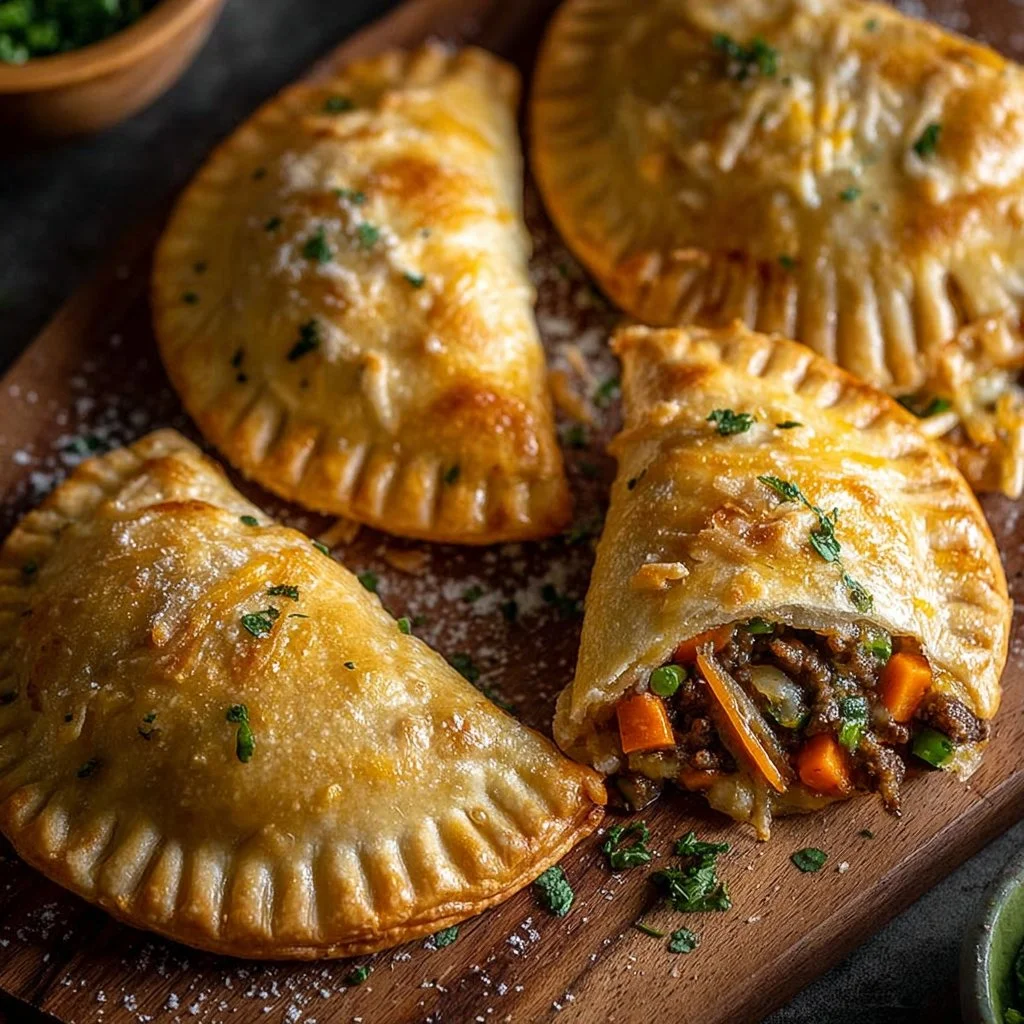 A plate of savory hand pies filled with vegetables and meat, perfect for snacking.
