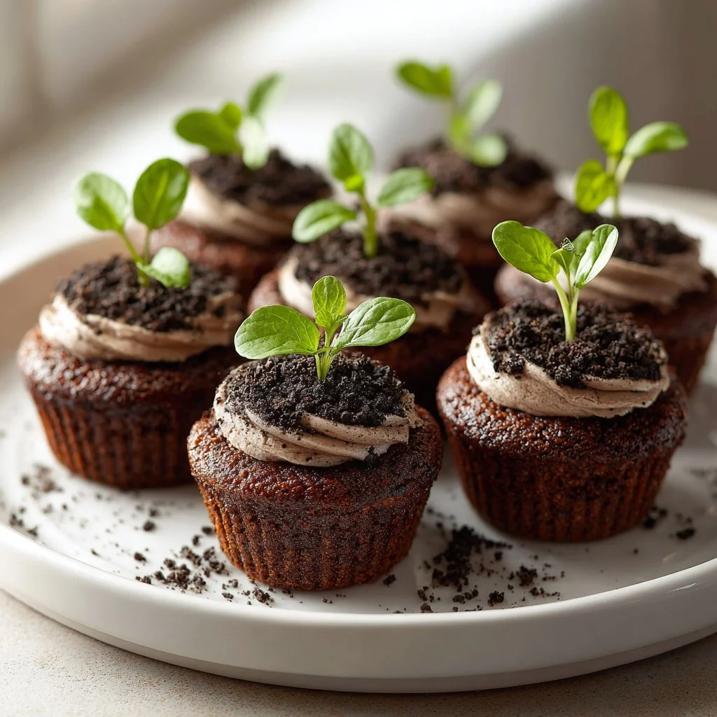 Delicious Seedling Cupcakes decorated with fresh green frosting and edible flowers