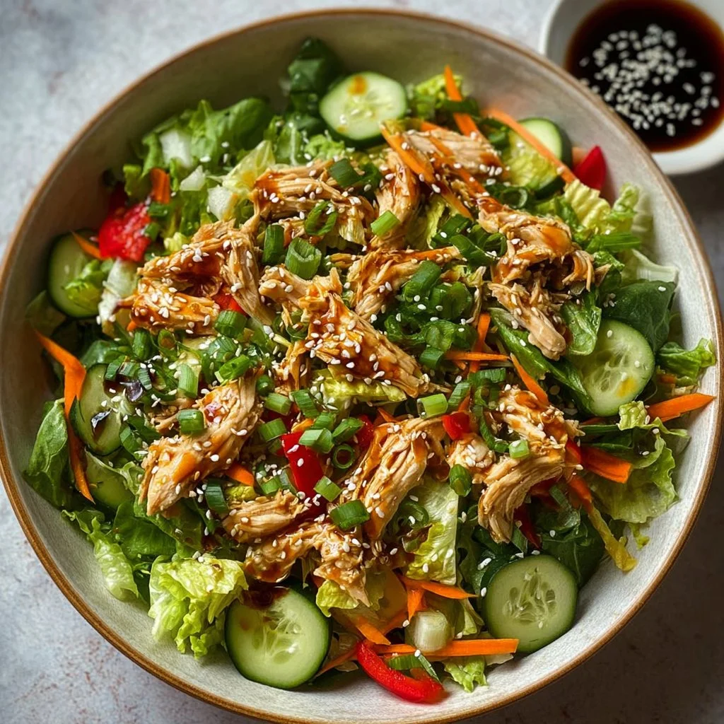 Delicious Sesame Chicken Salad with greens and sesame dressing