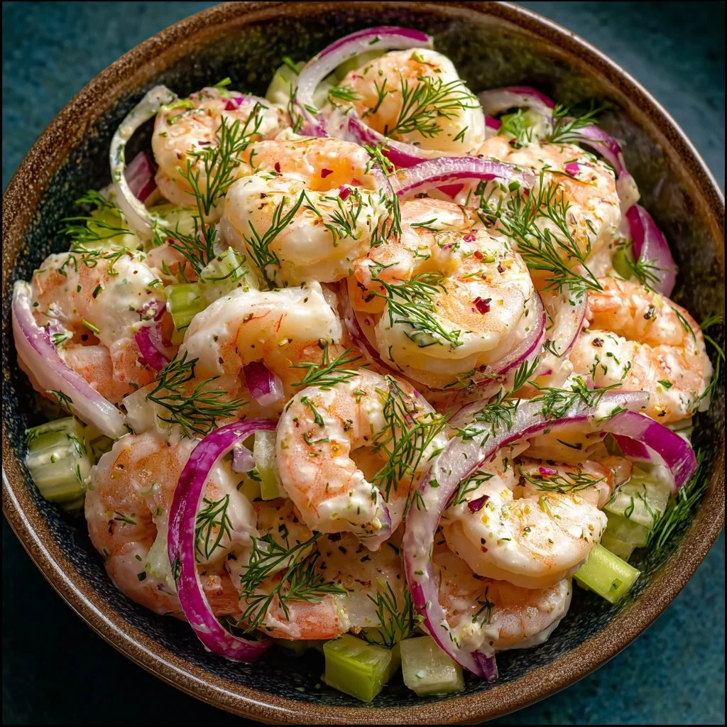 Delicious shrimp salad served with fresh vegetables in a bowl