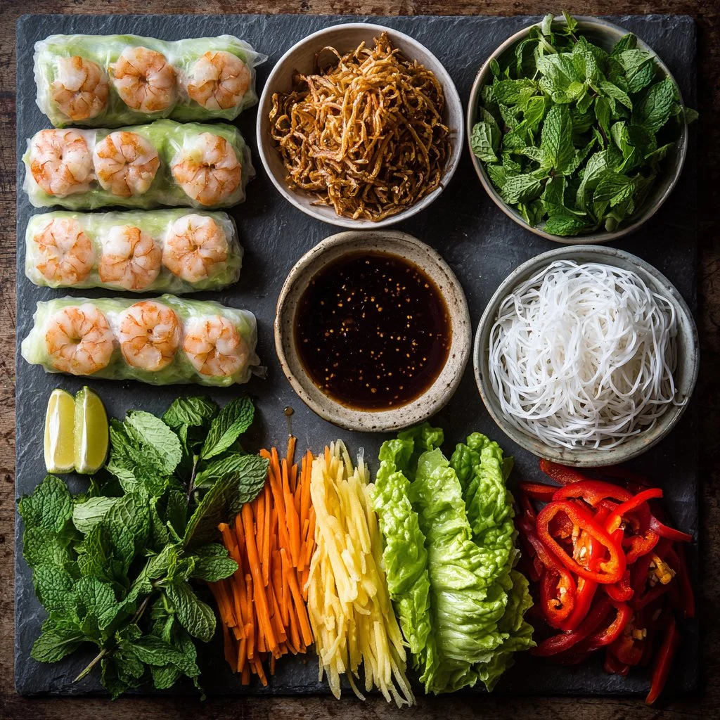 Freshly made shrimp spring rolls with colorful vegetables wrapped in rice paper