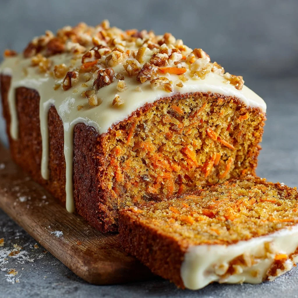 Moist and delicious simple carrot cake loaf bread with frosting