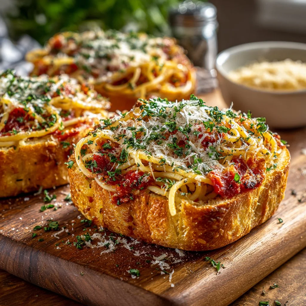 Spaghetti garlic bread bowls served with a rich marinara sauce and herbs