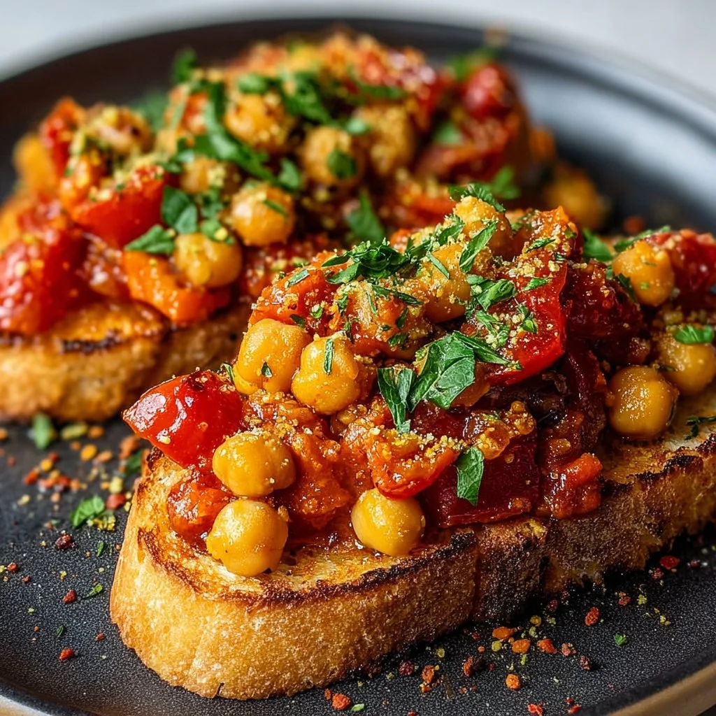 Spiced chickpea and tomato toast topped with fresh herbs and spices