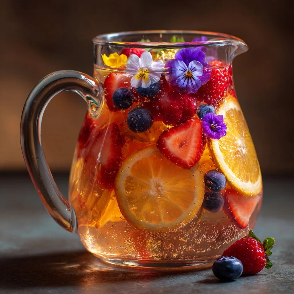 Fresh Spring Blossom Sangria with fruits and flowers in a glass pitcher.