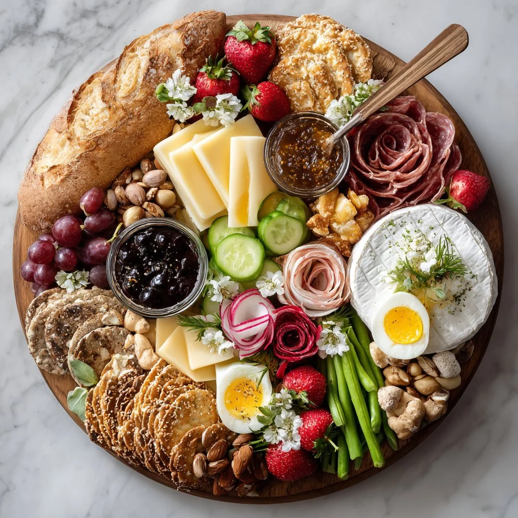 A beautifully arranged Spring Charcuterie Board with seasonal fruits and cheeses.