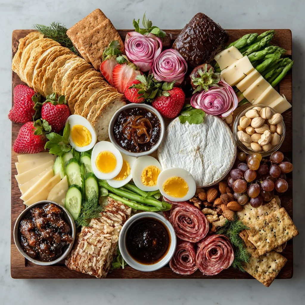 Spring charcuterie board featuring colorful fruits, cheeses, and meats.