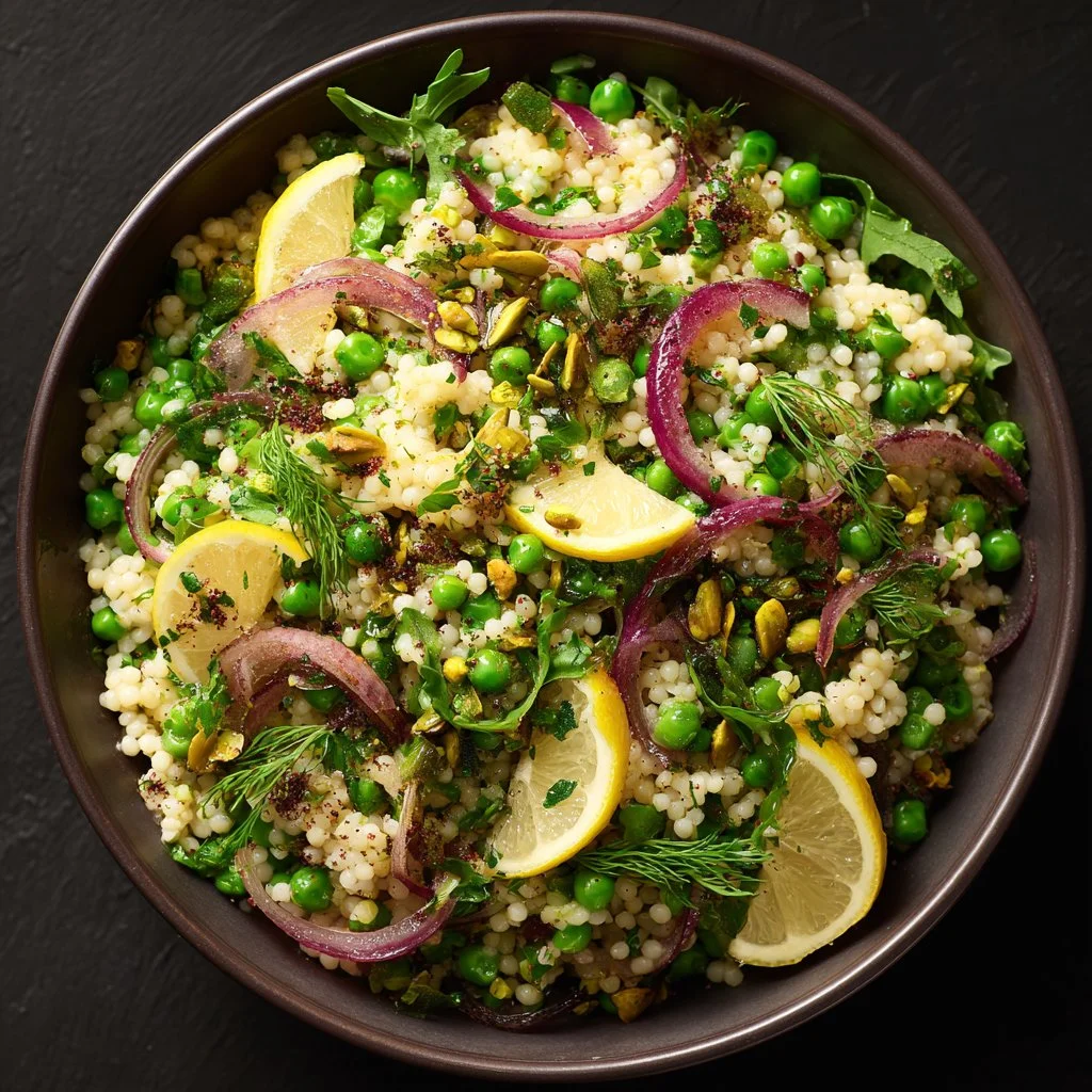 Colorful Spring Couscous Salad with fresh vegetables and herbs