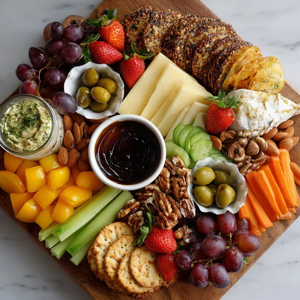 Colorful spring grazing snack board with fruits, cheeses, and nuts.