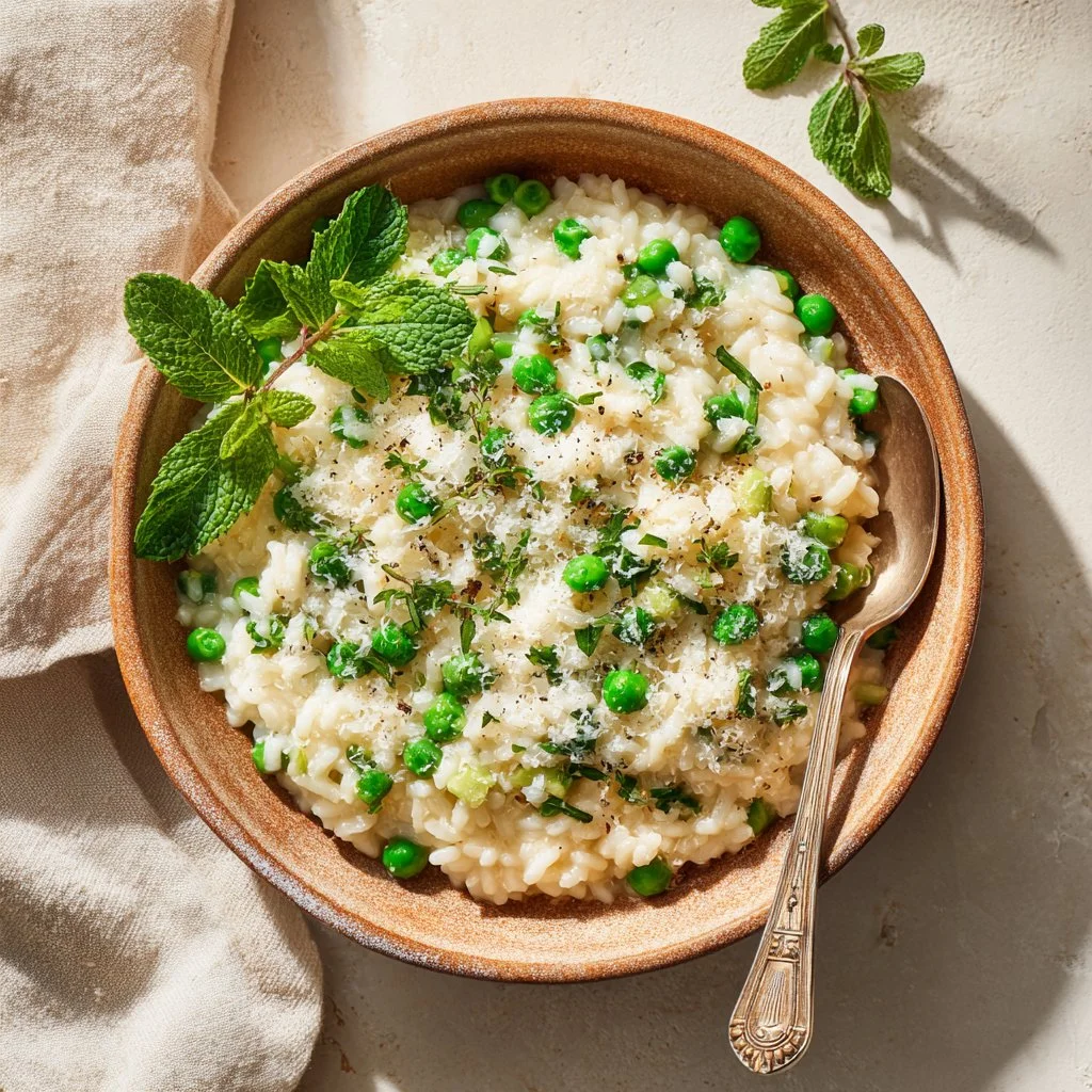 Bowl of creamy spring pea risotto with vibrant green peas and garnishes