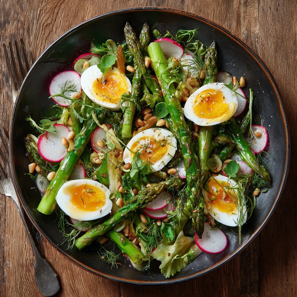 Spring salad with fresh asparagus and boiled eggs on a plate