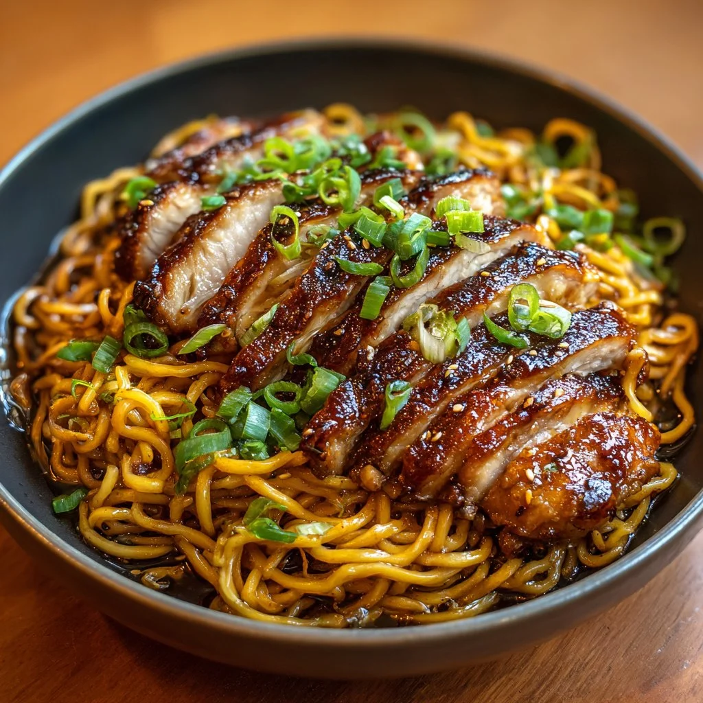 Sticky garlic chicken noodles served in a bowl, garnished with green onions.