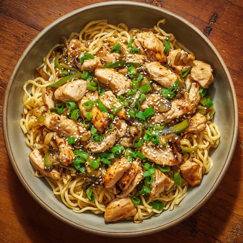 Delicious Sticky Garlic Chicken Noodles served in a bowl
