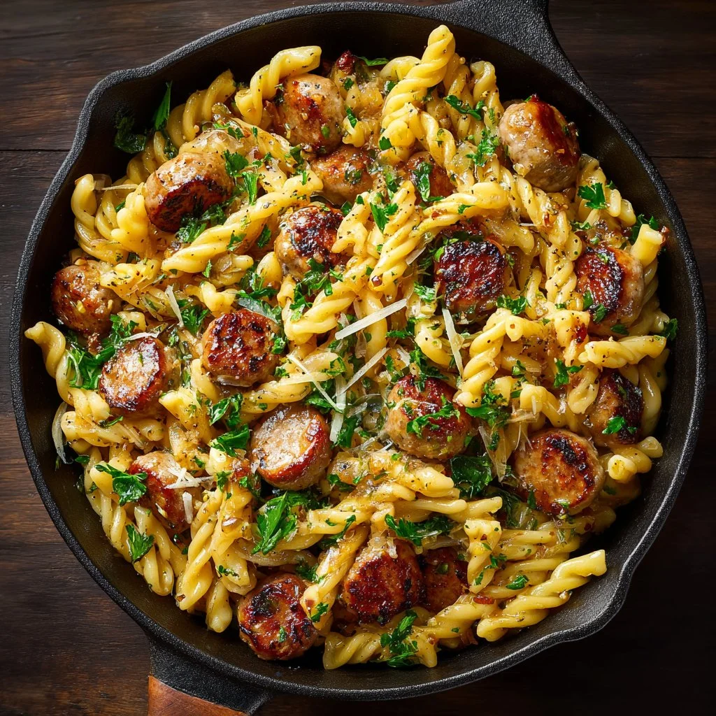 Delicious sticky honey garlic sausage pasta skillet served in a bowl.