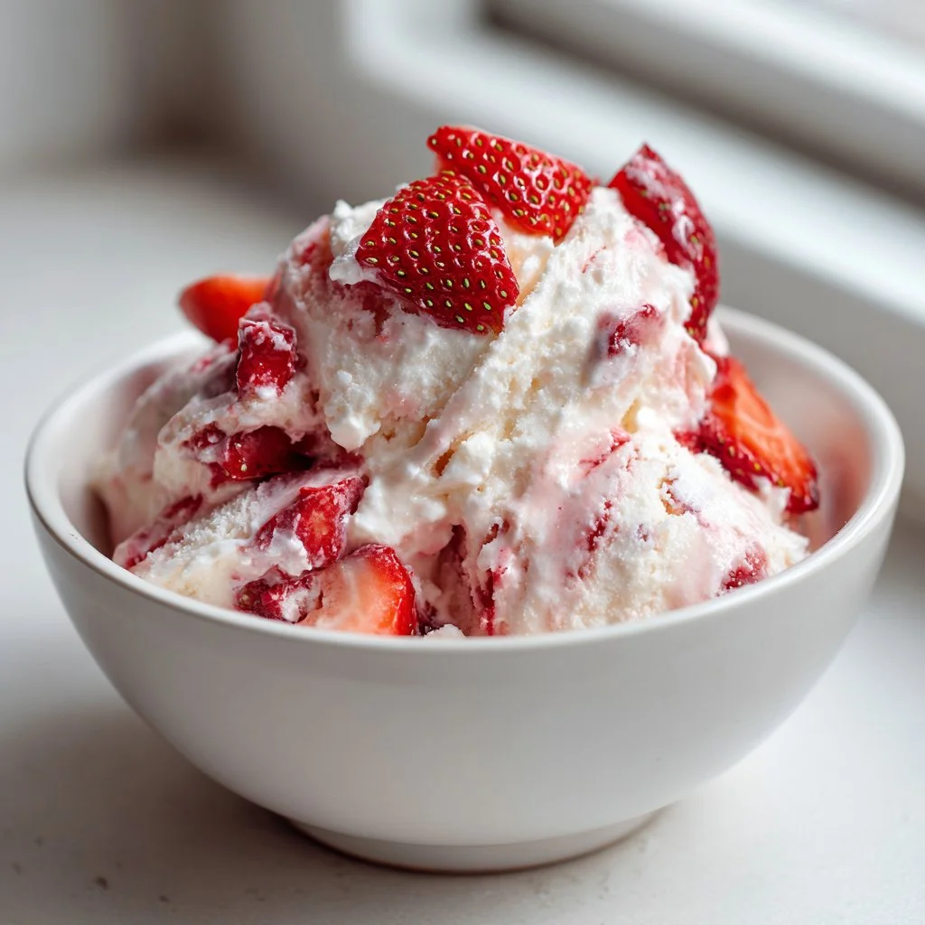 Homemade strawberry cottage cheese ice cream served in a bowl